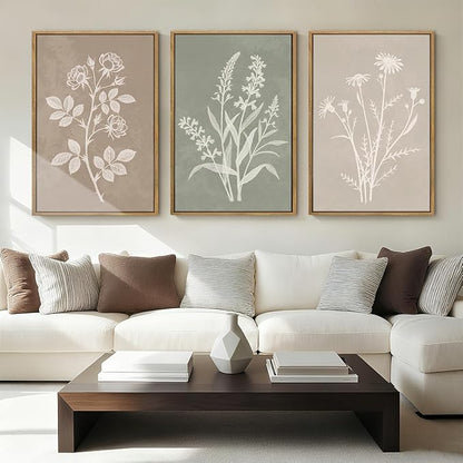 Anyzal Large Neutral Botanical Wall Art Boho Plant Artwork Farmhouse Floral Painting for Living Room Bedroom Dining Room 24x36 Inch Set of 3
