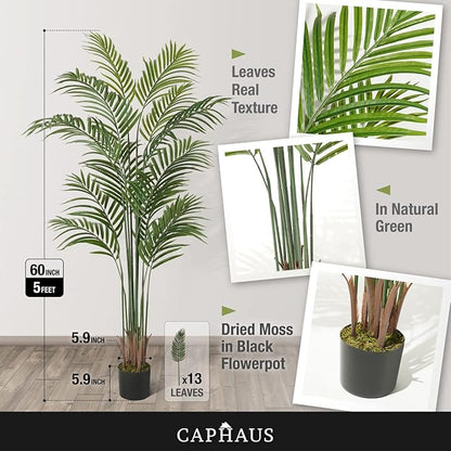 CAPHAUS 5FT Artificial Palm Tree Potted, Realistic Fake Palm Plant for Indoor & Outdoor, UV Resistant Low Maintenance Faux Tree for Home Office, Living Room, Covered Patio Decor