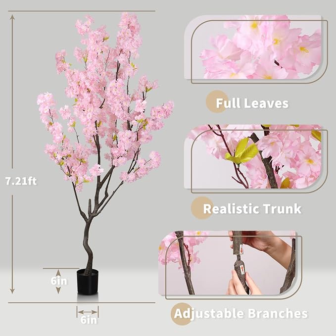 7.2ft Artificial Cherry Blossom Tree for Indoor Decor,Nearly Nature Pink Silk Flowers Fake Tree Tall,Realistic Faux Cherry Plant Tree for Christmas New Year Decor