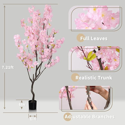 7.2ft Artificial Cherry Blossom Tree for Indoor Decor,Nearly Nature Pink Silk Flowers Fake Tree Tall,Realistic Faux Cherry Plant Tree for Christmas New Year Decor