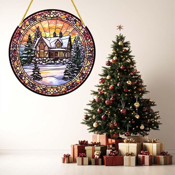 Acrylic Window Hanging Snowhouse Stained Panel Window Decoration for Outdoor Indoor Garden Yard Home Winter Decor 12 Inch