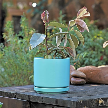 PLANTATOREM Ceramic 10 Inch Mid Modern Planter Pot with Drainage Hole and Saucer, Indoor Cylinder Round Flower Pot, Perfect for Planting Succulents, Herbs, Flowers, House Plants, Aqua Marine Satin