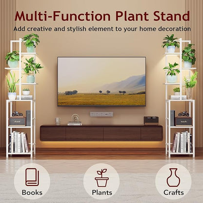 Plant Stand Indoor with Grow Light, 6-Tiered Tall Plant Stand Indoor, Metal Plant Shelf with Bookshelf Bookcase and Adjustable Light, Ideal for Living Room, Reading room, Garden, Patio (white)