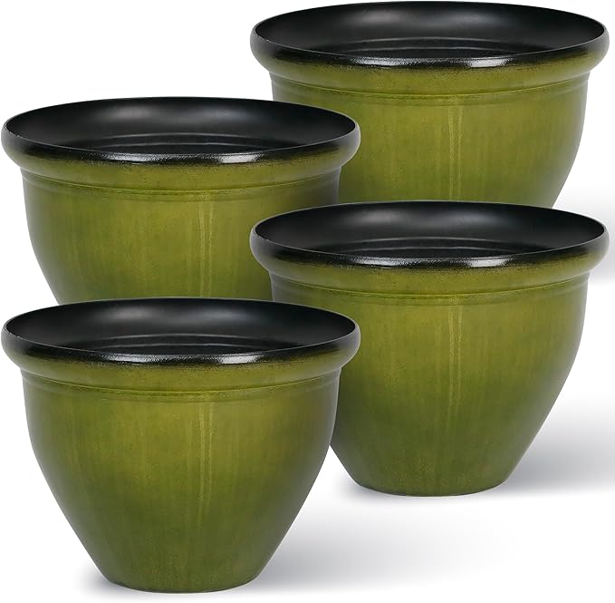 Worth Garden 12-Inch Dia. Round Green Plastic Planters with Drain Holes, 9.5-Inch Height - 4-Pack Glossy Finish Bell-Shaped Plant Pot – Lightweight Indoor/Outdoor Flower Pots