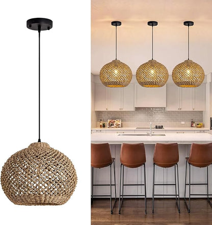 Farmhouse Rattan Pendant Lights, 13.8" Wicker Hand-Woven Rustic Chandelier, Round Hanging Light Fixture for Kitchen Island Bedroom Hallway Entry Living Room Dining Coffee Bar