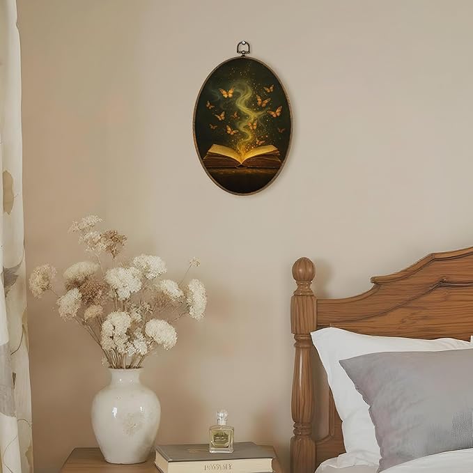 LKETW Vintage Moody Gold ButterflyBook Oval Wall Art Decor, Dark Academia Bookish Oval Canvas Hanging Decor, Book Lovers Gifts Wall Decorations for Reading Room Library Gallery, 8.6x11.4 Inch