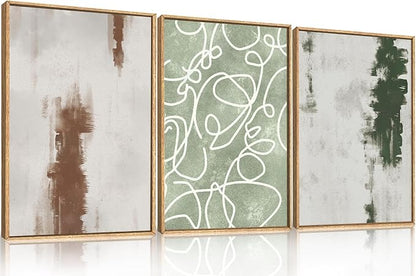 Aryroi Large Abstract Green Brown Geometric Framed Canvas Wall Art Set,Minimalist Neutral Brush Stroke Wall Decor,Modern Watercolor White Curved Lines Artwork For Living Room,Bedroom,Office-24 x36 x3