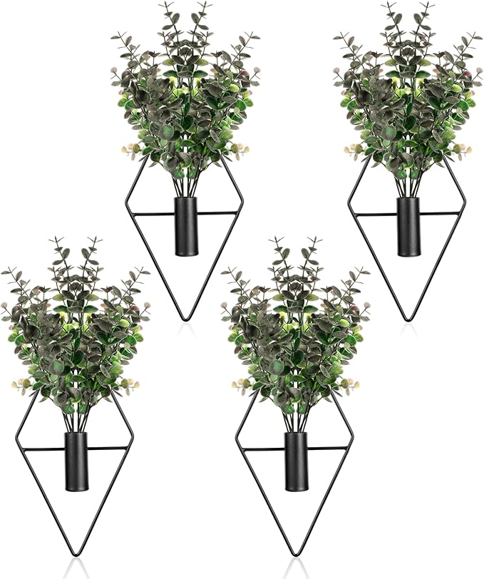 Wall Decor Hanging Planters with Artificial Plants, Modern Metal Wall Planter Set with Greenery Eucalyptus, Geometric Fake Plants for Black Decor Living Room Aesthetic (4 Pcs)