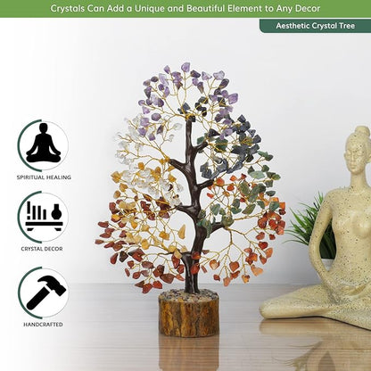 NARIBABU 7 Chakra Crystal Tree with 300 Gemstones – 10-12 Inch Energy Tree with Golden Wire & Wooden Base – Gifts for Her, Healing Crystals Decor, Birthday Gift for Women