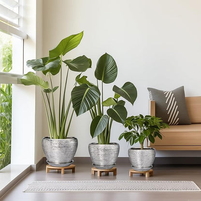 Ceramic Planters - 10 Inch 8 Inch 6 Inch Plant Pots Indoor with Drainage Holes and Saucer Mid-Century Large Planters Outdoor Flower Pots for Home Decor Set of 3 Silver
