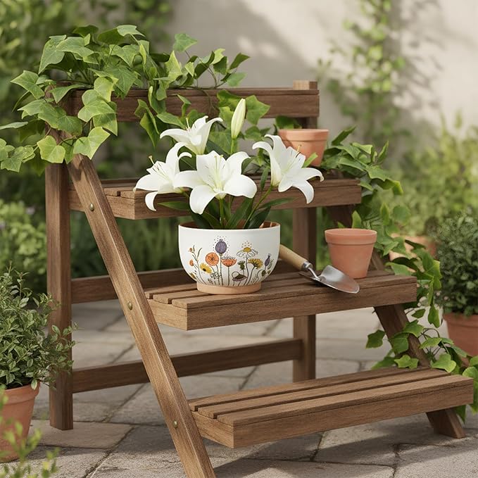 YBX 8 Inch & 6 Inch Terracotta Plant Pots, Flower Pots for Indoor Plants with Drainage, Planters with Floral Accent for Indoor Plants (French Country)