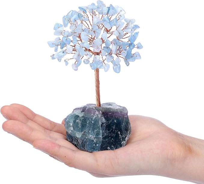Jovivi Natural Aquamarine Crystal Tree, Raw Healing Crystals Fluorite Base Bonsai Money Tree for Home Office Table Decor Wealth and Luck