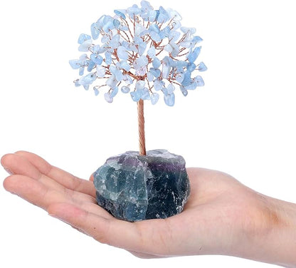 Jovivi Natural Aquamarine Crystal Tree, Raw Healing Crystals Fluorite Base Bonsai Money Tree for Home Office Table Decor Wealth and Luck