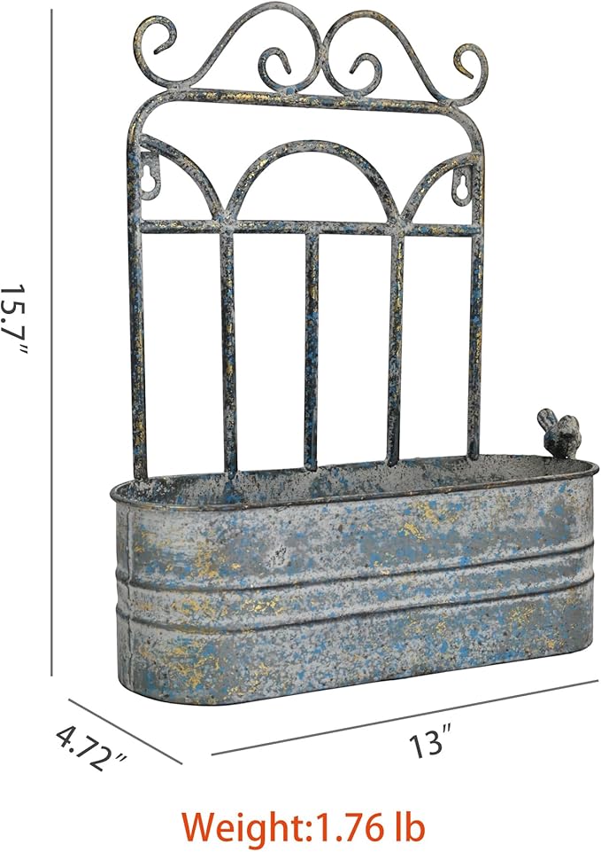 Rustic Metal Wall Planter Country Garden Wall Hanging Mount Vase Pocket Outdoor Vintage Hanging Pot Farmhouse Wall Decor for Plants Flowers (Blue)