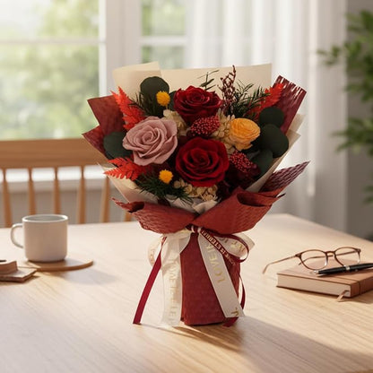 Vaanshie Premium Preserved Flower Bouquet Ideal for Mother's Day Gifting (Waffle Red)