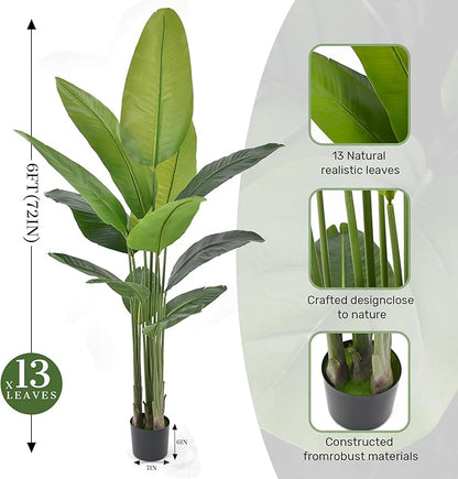 Artificial Bird of Paradise Plant 6Ft, Floor Silk Banana Leaf Plant with 13 Leaves, Faux Palm Tree with Plastic Pot for Indoor House Home Office Garden Modern Decoration