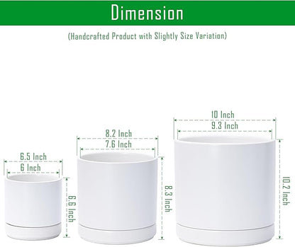 D'vine Dev 6 Inch & 8 Inch & 10 Inch, Set of 3 Round Ceramic Planter Pot with Drainage Hole and Saucer, White, 94-T-L-1