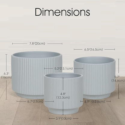 Oakrain Plant Pots with Vertical Stripes 7.8/6.5/5.2 inch, Set of 3 Modern Decorative Planters for Indoor Outdoor Plants, Flower Pot with Drainage Holes, Ceramic Blue