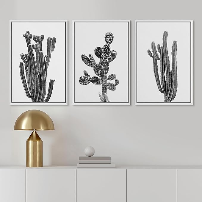 Ashbrook Framed Wall Art Print Set Black & White Southwest Desert Cactus Nature Floral Photography Modern Decorative Multicolor Relax/Calm for Living Room, Bedroom, Office - 16"x24"x3 White