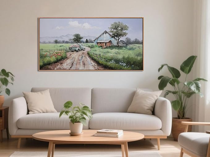 Framed Landscape Wall Art Canvas, Nature Painting Art Wall Decor for Living Room Farmhouse Picture Textured Large Farm Barn Artwork for Bedroom Home Office 48"x24"