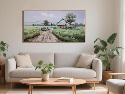Framed Landscape Wall Art Canvas, Nature Painting Art Wall Decor for Living Room Farmhouse Picture Textured Large Farm Barn Artwork for Bedroom Home Office 48"x24"