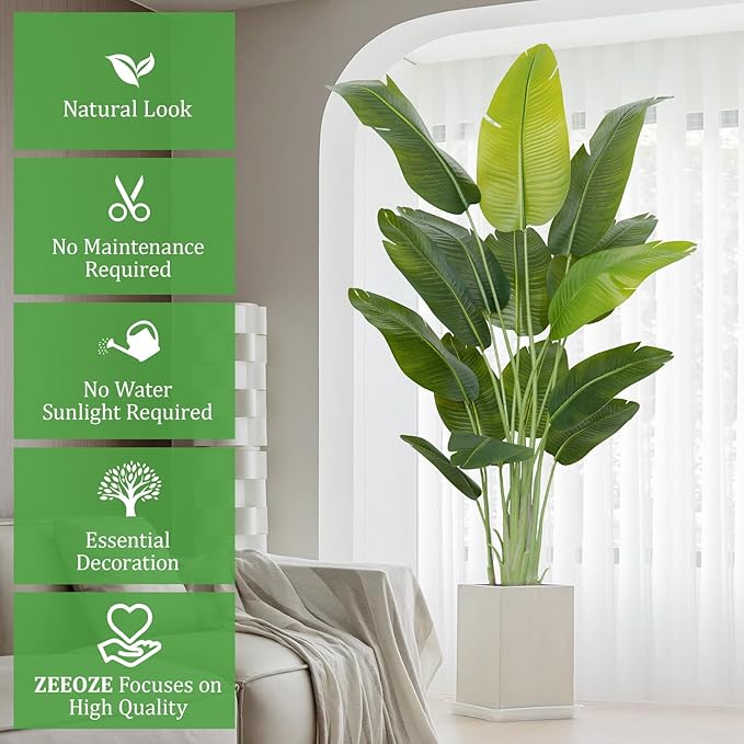 Artificial Bird of Paradise Plant 6.5Ft Tall Fake Tropical Palm Tree Large Fake Plants with 15 Silk Banana Leaves Faux Plant Indoor Decor Trees White Pot for Home Bedroom Living Room Office 2pcs