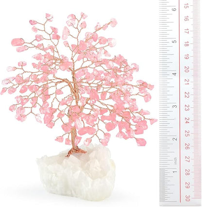 Gemstone Crystal Tree of Life,Natural Rose Quartz Clear Quartz Cluster Base,Healing Crystal Positive Energy Bonsai Feng Shui Money Tree Home Decor for Luck and Wealth 5.5"-6.3"