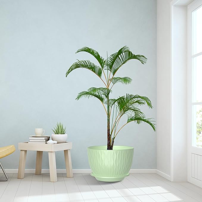 12 Inch Large Plant Pots, Flower Pots with Multi-Mesh Drainage Holes and Saucer, Plastic Planters for Indoor and Outdoor Garden Plants (Green, 12")