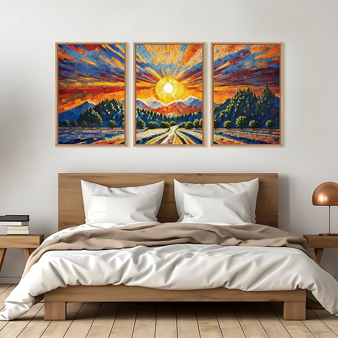 HOURIA Large Natural Mountain Forest Framed Canvas Wall Art Set,Wilderness Sunrise Wall Decor,Boho Pine Tree Square Ridge Artwork,Modern Field Art Print for Living Room, Office, Farmhouse- 16"x24"x3