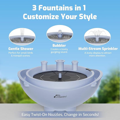 Solar Bird Bath with Fountain and Battery Backup, 3-in-1 Hanging or Freestanding Birdbath, Low-Water Protection & 3 Nozzles for Garden Patio Decor (Sky Blue)