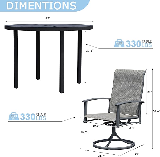 5 Piece Outdoor Dining Set, 42" Black Round Outdoor Dining Table with 4 Grey Swivel Patio Table and Chair Set of 4 for Lawn, Garden, or Porch