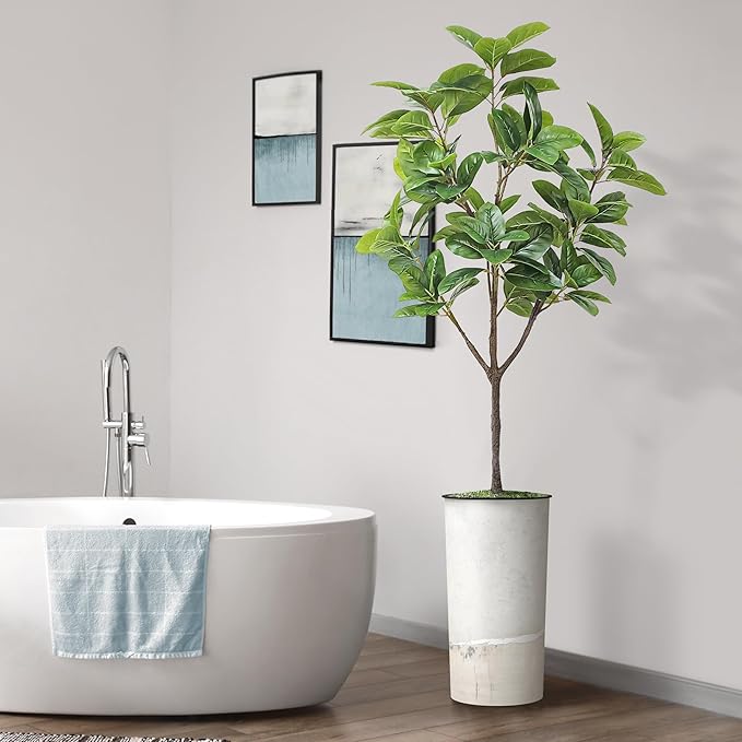 Artificial Tree in Gray Tan Watercolor Abstract Planter, Fake Magnolia Tree for Indoor and Outdoor Home Decoration - 70" Overall Tall (Plant Pot Plus Tree)