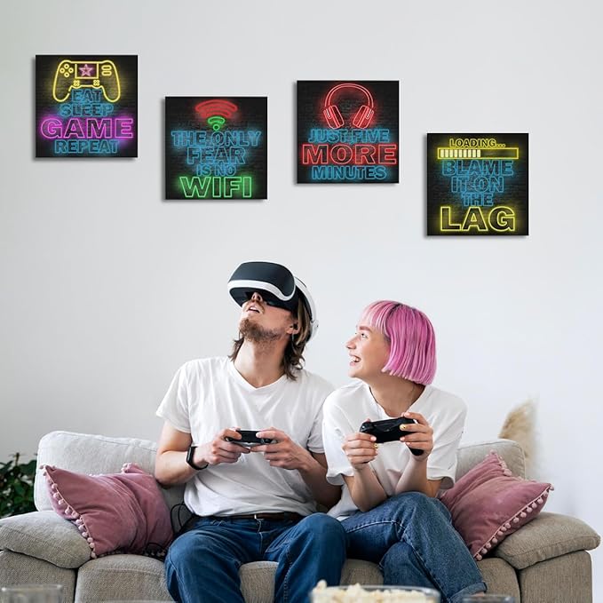 4 PCs Neon Gaming Wall Decor Canvas Wall Art Framed Art Game Room Decor Boys Room Decor Gaming Posters, Gamer Room Decor for Boys, Artwork for Walls Video Game Room Playroom Man Cave Home Decor