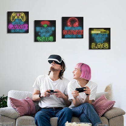 4 PCs Neon Gaming Wall Decor Canvas Wall Art Framed Art Game Room Decor Boys Room Decor Gaming Posters, Gamer Room Decor for Boys, Artwork for Walls Video Game Room Playroom Man Cave Home Decor