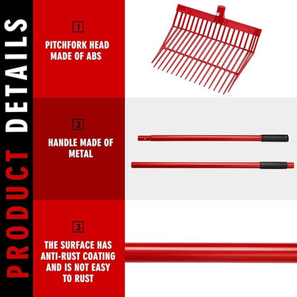 Lasnten 3 Sets Manure Fork with Long Metal Handle Pitch Fork Manure Rake Heavy Duty Muck Rake for Gardening Horse Stall Stable Grass Hay Cleaning Farm Work(Red)