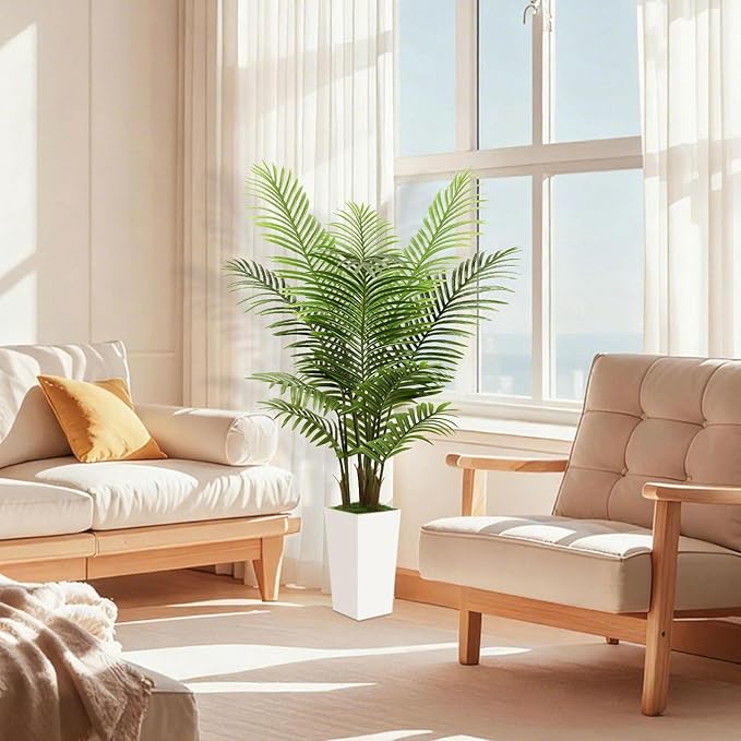 5FT Fake Plant Artificial Palm Tree Indoor Decor – Faux Plants Indoor Tall with White Planter – Artificial Tree Floor Plant for Living Room Office Home