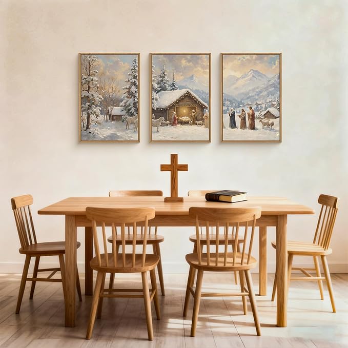 HOURIA Christian Christmas Nativity Framed Canvas Wall Art Set,Religious Mary Joseph & Jesus Christ Biblical Decor,Holy Family Star of Bethlehem Winter Artwork for Living Room,Church,Holiday-16"x24"x3