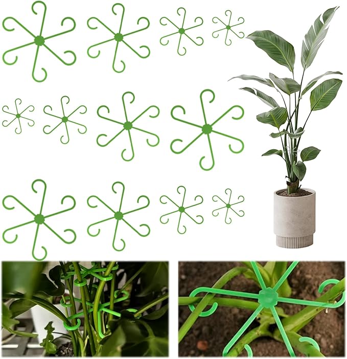 12-Pack Indoor Plants Support Stakes, 4 Sizes Climbing Houseplant Stem Supports, Reusable Plastic Stem Holders for Money Plant Monstera Pothos Climbing Vines Vertical Growth & Airflow (Green)