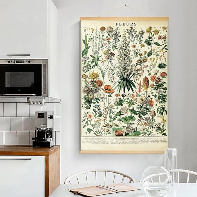 Vintage Flowers Poster Hanger Frame, Plant Floral Reference Chart Wall Decor Cottagecore Room Decor Aesthetic, Retro Style Wall Decor Art Painting Prints. (plant C, 18L x 12W)