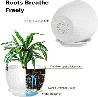 12/10/9 Inch Planter Pots, 3-Pack Large Flower Pots for Indoor Outdoor Garden Plants, Big Plant Pots with Multi Mesh Drainage Holes and Saucer (White, 12"+10"+9")