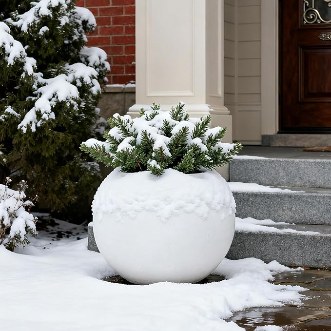 15.8”Dx12.2”H Lightweight Durable Modern Plastic Sphere Planter with Drainage Hole & Rubber Plug Weather Resistant,Planters for Indoor Plants & Outdoor,Large Plant Pot,(White, 10.4" Pot Opening)