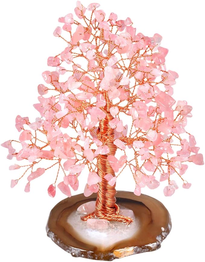 mookaitedecor Natural Rose Quartz Crystal Tree with Agate Slice Geode Base Money Tree Desk Home Decoration for Wealth and Luck 5"-6"