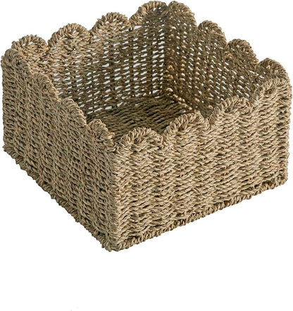 Scalloped Basket, Wicker Storage Baskets, Hand Woven Baskets for Shelves,Natural Baskets for Organizing (Seagrass(S-9.5" L x 9.5" W x 5.5" H))