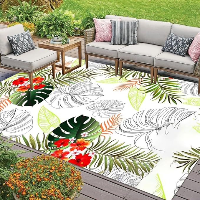 Tropical Palm Monstera Leaves Waterproof Indoor Outdoor Area Rug 2x6 Red Green Grey Floral Durable Outside Rug for Patio Deck Balcony Backyard Art Deco Home Office Kitchen Floor Carpet Mat