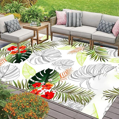 Tropical Palm Monstera Leaves Waterproof Indoor Outdoor Area Rug 8x10 Red Green Grey Floral Durable Outside Rug for Patio Deck Balcony Backyard Art Deco Home Office Kitchen Floor Carpet Mat