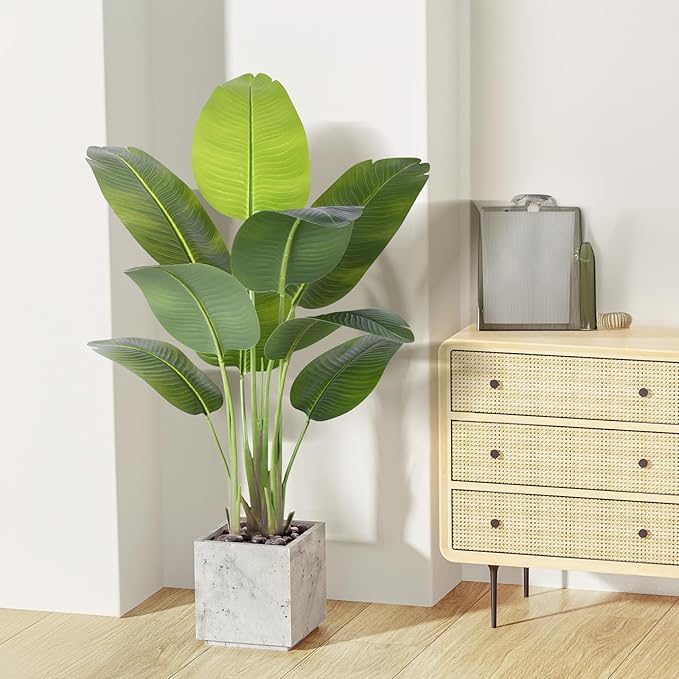 Artificial Bird of Paradise Plant 4Ft Tall Fake Tropical Palm Tree Large Fake Plants with 9 Silk Banana Leaves Faux Plant Indoor Decor Trees with White Pot for Home Bedroom Living Room Office