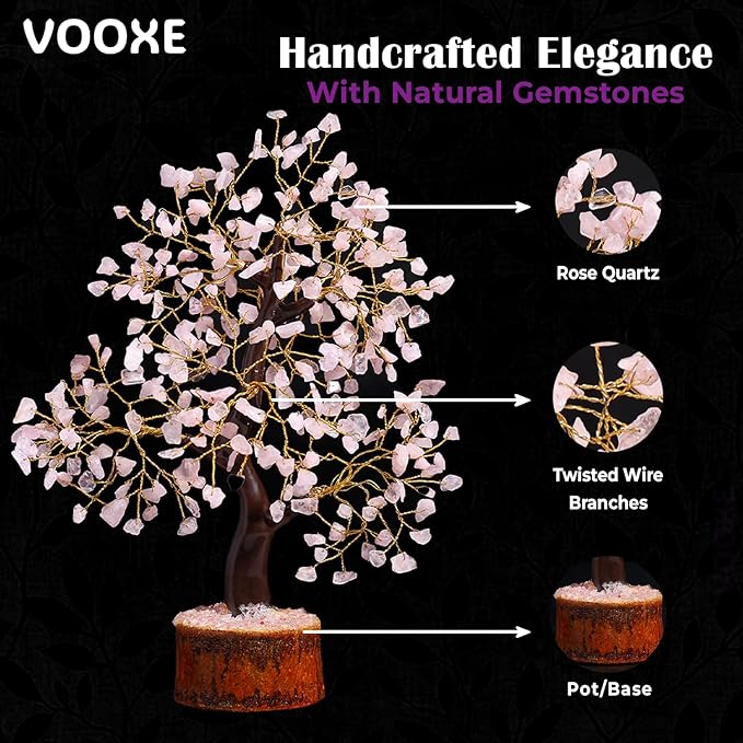 Rose Quartz Tree Handmade Healing Gemstone Bonsai Home, Office, & Desk Decor - Feng Shui Money Tree with Crystals & Healing Stones (Rose Quartz Crystal)