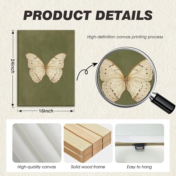 Kdyudo 2 pcs Vintage Butterfly Canvas Framed Wall Art Insect Farmhouse Art Poster Retro Atmosphere Cottage Sail Painting Pictures Country Style Suitable for Kitchen Living Room Wall Decor 16x24 inch