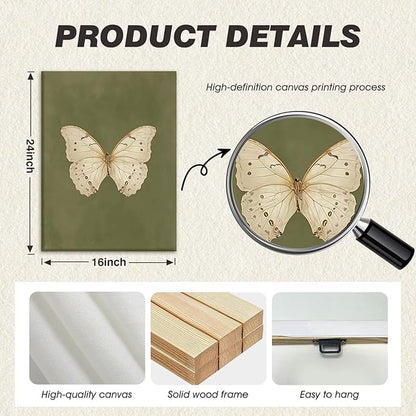 Kdyudo 2 pcs Vintage Butterfly Canvas Framed Wall Art Insect Farmhouse Art Poster Retro Atmosphere Cottage Sail Painting Pictures Country Style Suitable for Kitchen Living Room Wall Decor 16x24 inch
