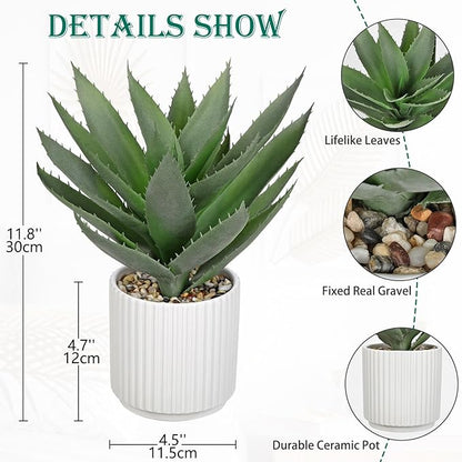Hollyone Large Artificial Agave Plants 11.8“ Fake Succulents Potted Faux Aloe Vera Plant in White Pot Succulent Agave Plants for Desk Modern Office Living Room Table Shelf Home Indoor Outdoor Decor